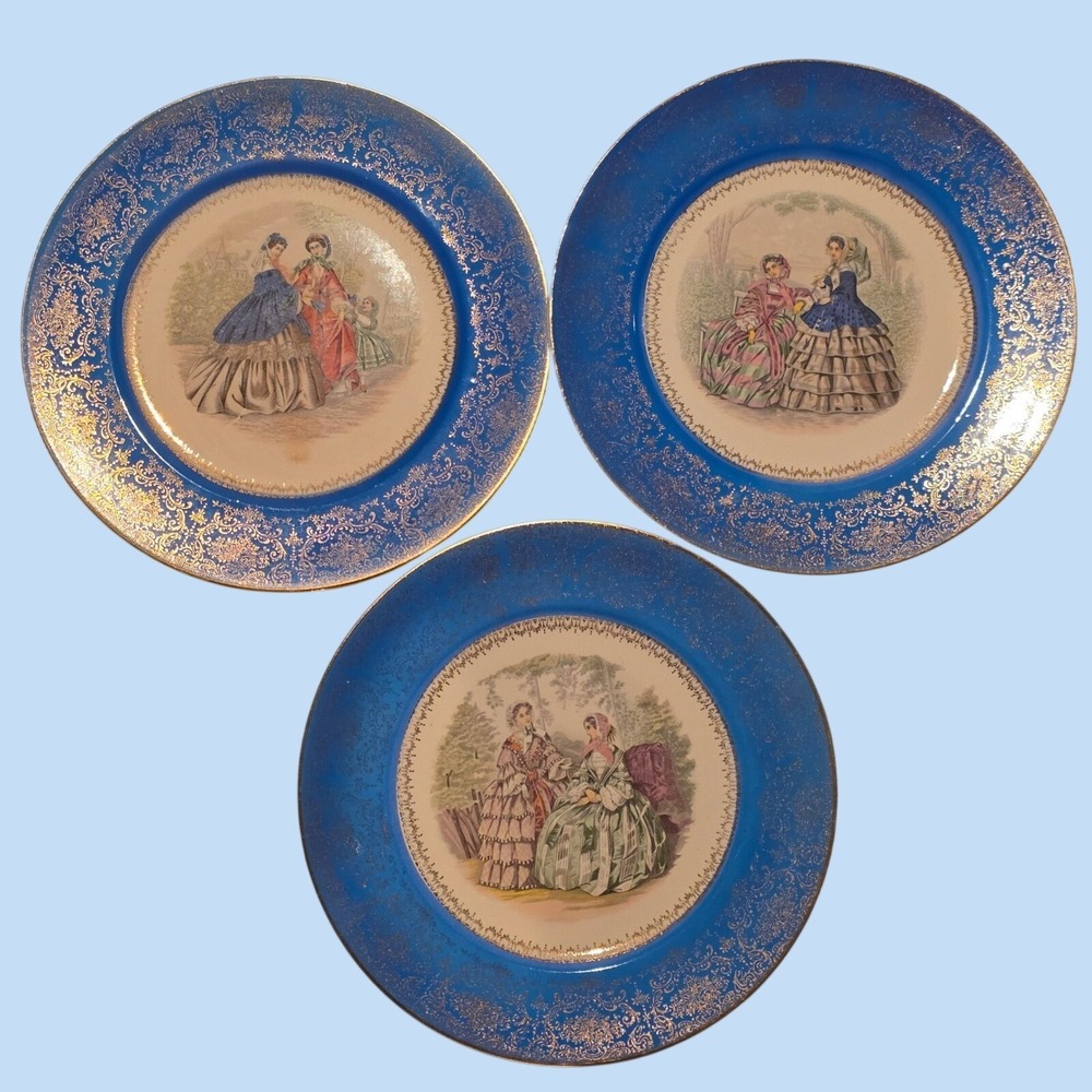 Imperial Salem China Dinner Plates 3 Designs Cobalt Blue 23K Gold Victorian 11"
